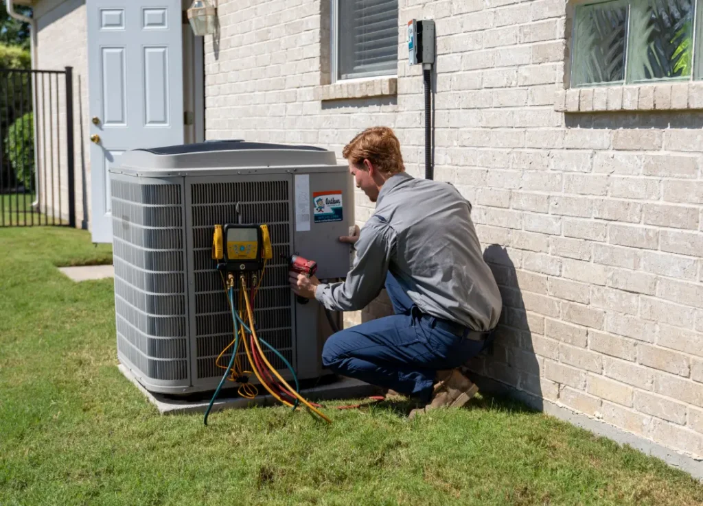 Technician servicing home AC condenser with diagnostic tools