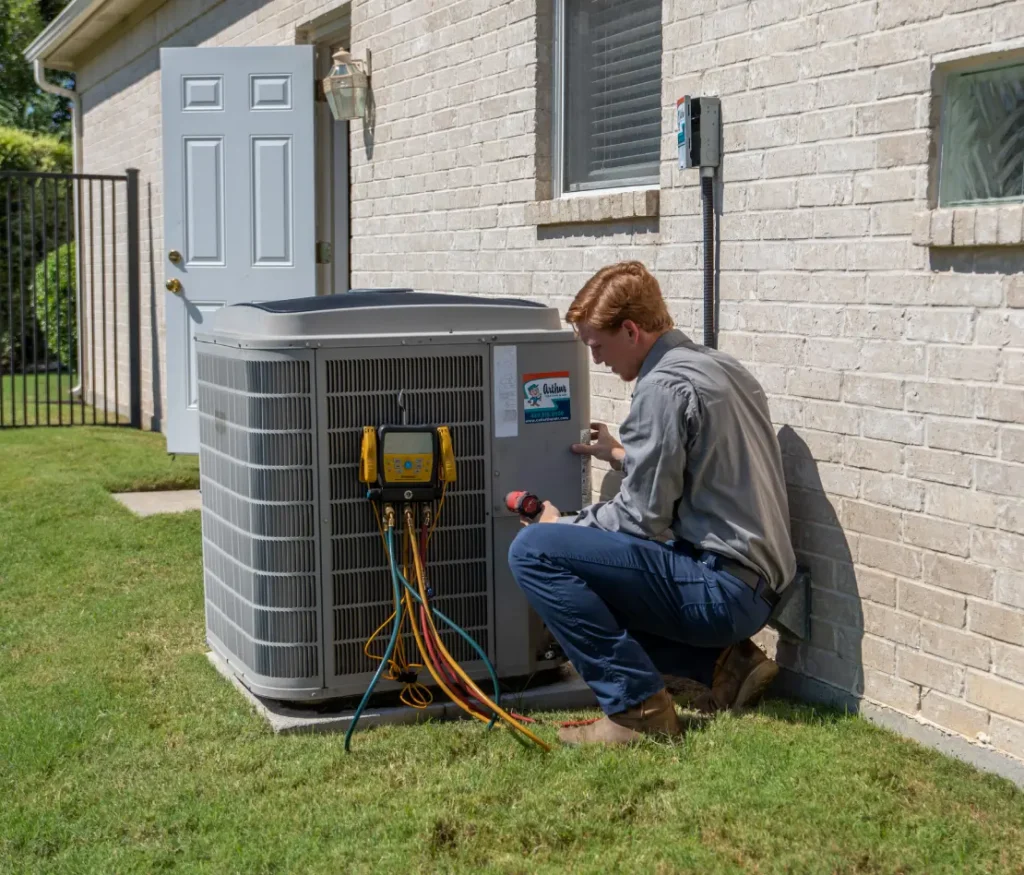 HVAC technician performing residential air conditioner maintenance.